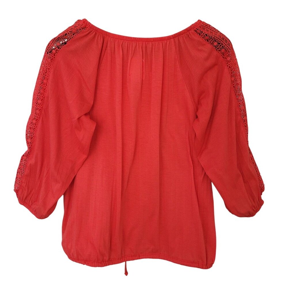 New York Laundry Top Womens Size M Orange Red Crochet Shoulder 3/4 Sleeve - Picture 2 of 9